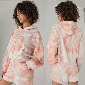 Lucky Brand Pink Tie Dye Swirl Puff Sleeve Pocket Hoodie Sweatshirt Size Small